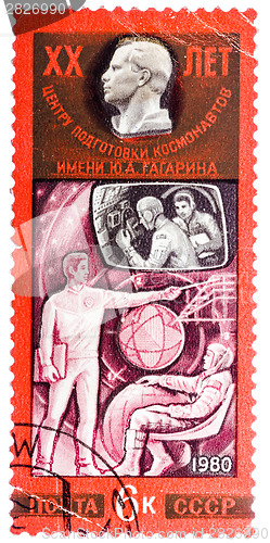 Image of Stamp printed in the USSR shows training of cosmonauts, one stam