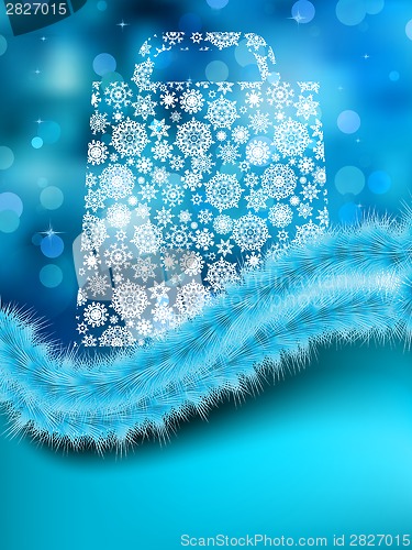 Image of Bag for shopping with snowflakes, on blue. EPS 8