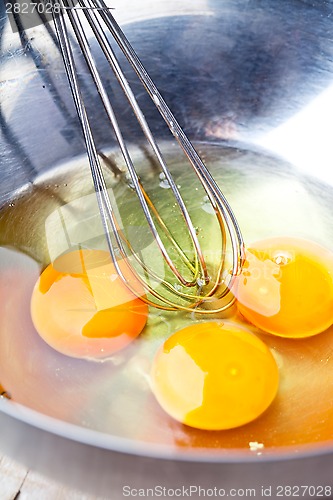 Image of whisking eggs in metal bowl 