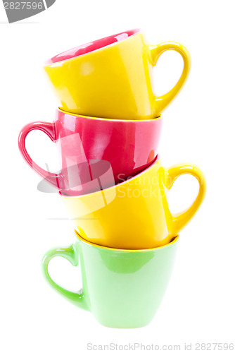 Image of Yellow, Red, Green Color Cups. Tower Stack Of Clean Different Cu