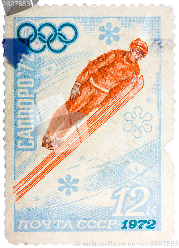 Image of Stamp printed in the USSR shows ski jumper, series honoring Olym