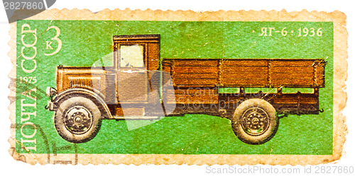 Image of Stamp printed in Russia, shows retro truck