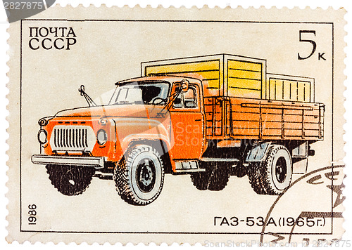 Image of Stamp printed in Russia, shows retro truck