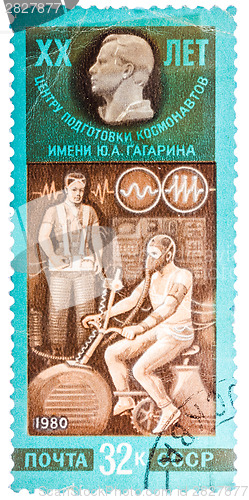 Image of Stamp printed in the USSR shows training of cosmonauts, one stam