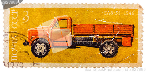 Image of Stamp printed in Russia, shows retro truck