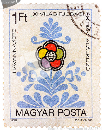 Image of Stamp printed in Hungary shows Congress emblem as flower