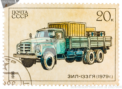 Image of Stamp printed in Russia, shows retro truck ZIL - 133