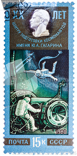 Image of Stamp printed in the USSR shows training of cosmonauts, one stam