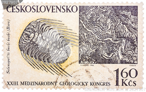 Image of Stamp printed in Czech (Czechoslovakia) shows trilobite and barr
