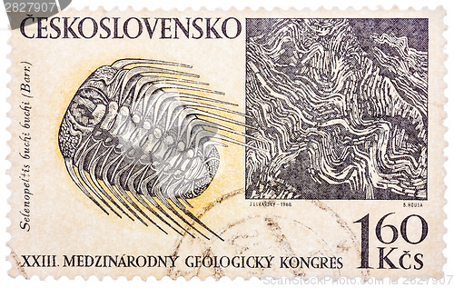 Image of Stamp printed in Czech (Czechoslovakia) shows trilobite and barr