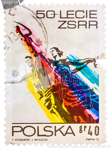 Image of Stamp printed in the Poland shows Man and Woman, Sculpture by Wi