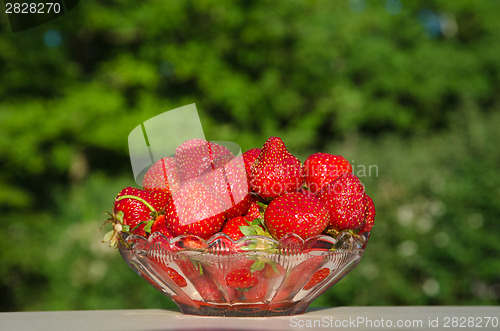 Image of Bowl with fresh strawberries at green background