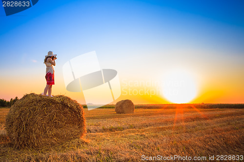 Image of Beautiful Young Girl Woman In Dress Staying On Haystack