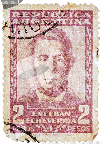 Image of Stamp printed in the Argentina, shows Esteban Echeverria (overpr