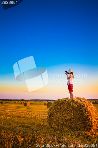 Image of Beautiful Young Girl Woman In Dress Staying On Haystack
