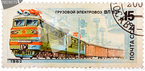 Image of Stamp printed in the USSR (Russia) showing Locomotive with the i