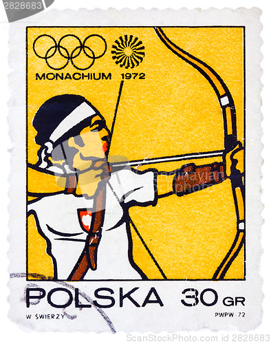 Image of Stamp printed in POLAND shows Target archery Olympic Games in Mu