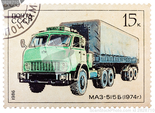 Image of Stamp printed in Russia, shows retro truck MAZ - 515 B