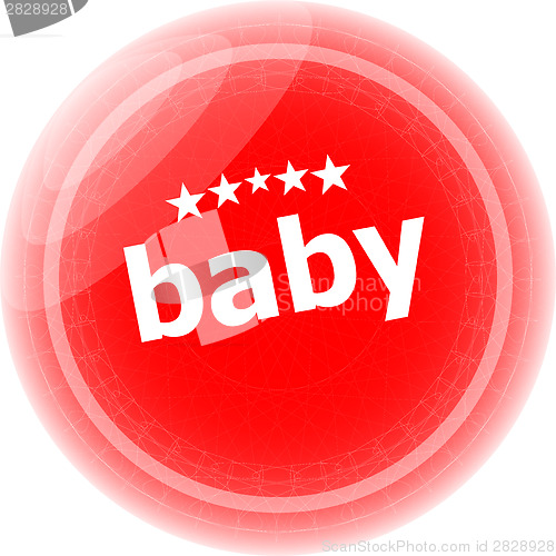 Image of baby word on red stickers button, label