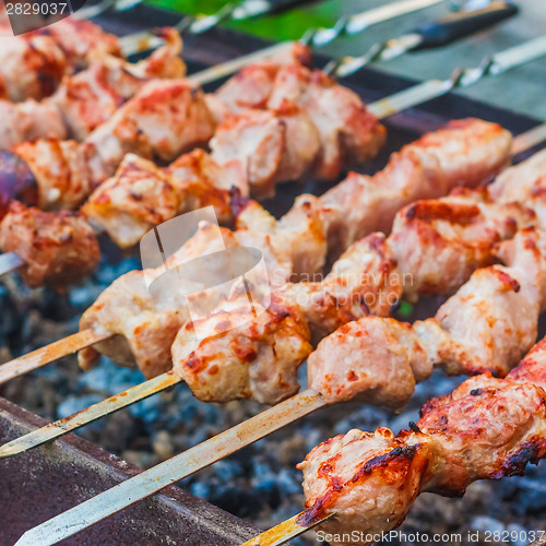 Image of Shish Kebab In Process Of Cooking On Open Fire Outdoors