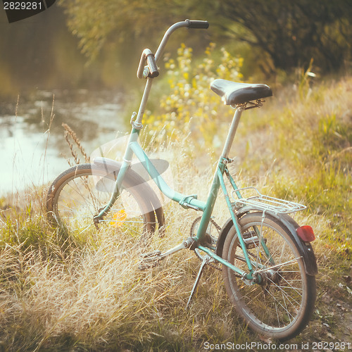 Image of Little green bicycle standing on green summer meadow
