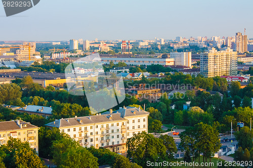 Image of Minsk (Belarus) City Quarter With Green Parks Under Blue Sky