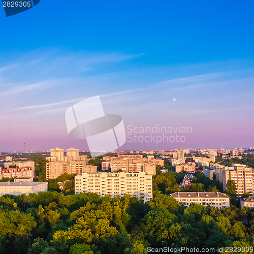 Image of Minsk (Belarus) City Quarter With Green Parks Under Blue Sky