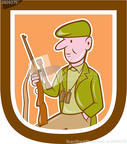 Image of Hunter Holding Rifle Shield Cartoon