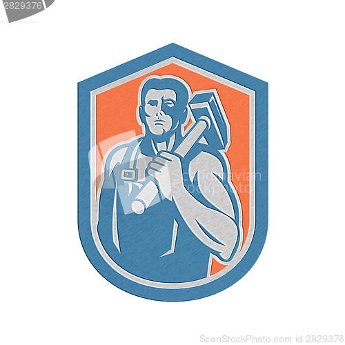Image of Metallic Blacksmith Worker Holding Sledgehammer Shield Retro