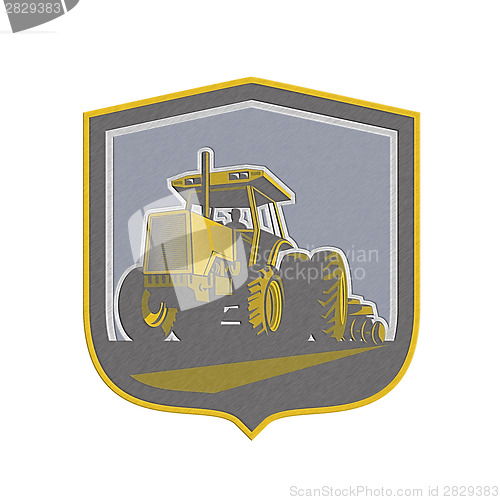 Image of Metallic Farmer Driving Vintage Farm Tractor Plowing Retro