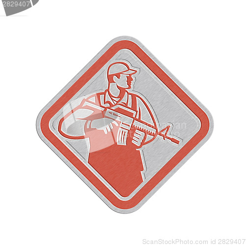Image of Metallic Soldier Serviceman Military Assault Rifle Shield Retro