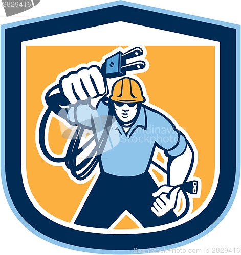 Image of Electrician Carrying Electric Plug Cord Shield Retro