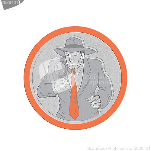 Image of Metallic Detective Holding Magnifying Glass Circle Retro