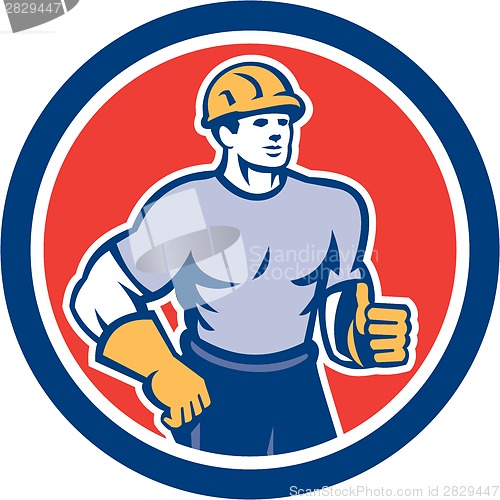 Image of Construction Worker Thumbs Up Circle Retro