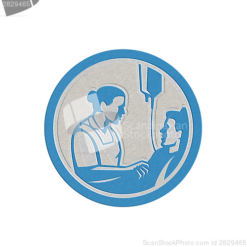 Image of Metallic Nurse Tending Sick Patient Circle Retro