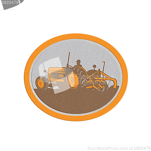 Image of Metallic Vintage Farm Tractor Farmer Plowing Oval Retro