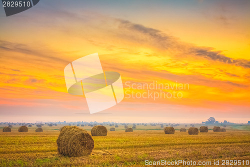 Image of Sunrise field, hay bale in Belarus.