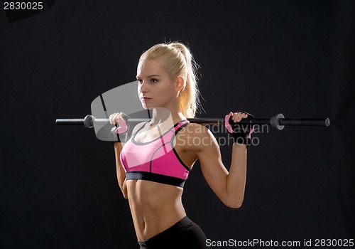 Image of sporty woman exercising with barbell