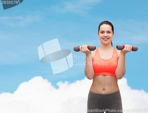 Image of young sporty woman with light dumbbells