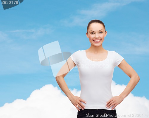 Image of smiling woman in blank white t-shirt