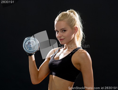 Image of young sporty woman with heavy steel dumbbell