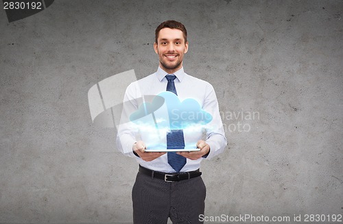 Image of young businesswoman with tablet pc