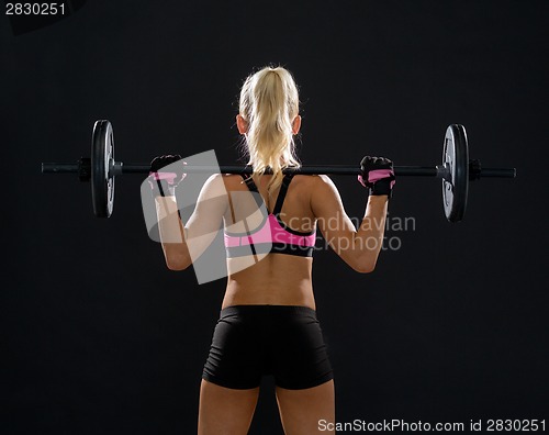 Image of sporty woman exercising with barbell from back