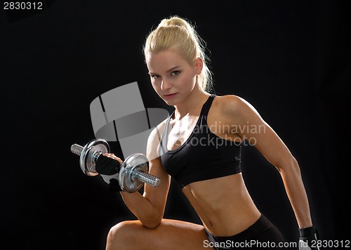 Image of young sporty woman with heavy steel dumbbell