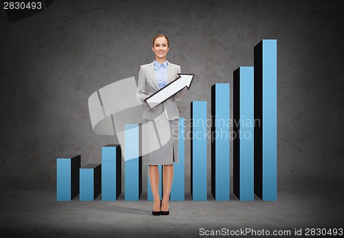 Image of smiling businesswoman with direction arrow sign
