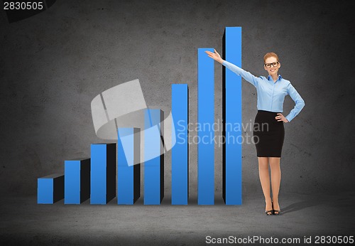 Image of smiling businesswoman in glasses pointing her hand