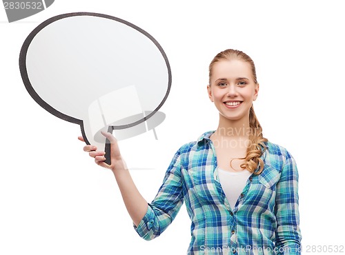 Image of smiling young woman with blank text bubble