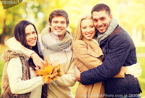 Image of group of friends having fun in autumn park