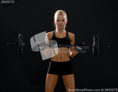 Image of sporty woman exercising with barbell