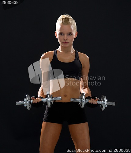 Image of sporty woman with heavy steel dumbbells